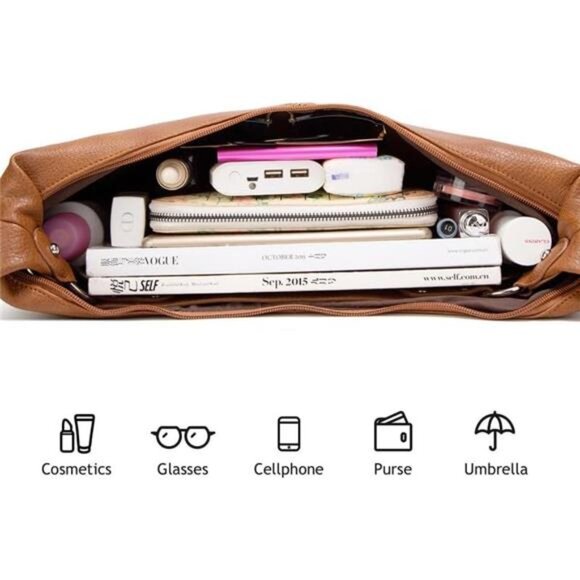 Hobo Bag for Women, Leather Tote Bag, Shoulder Purse Handbag with Zipper - Picture 5 of 6